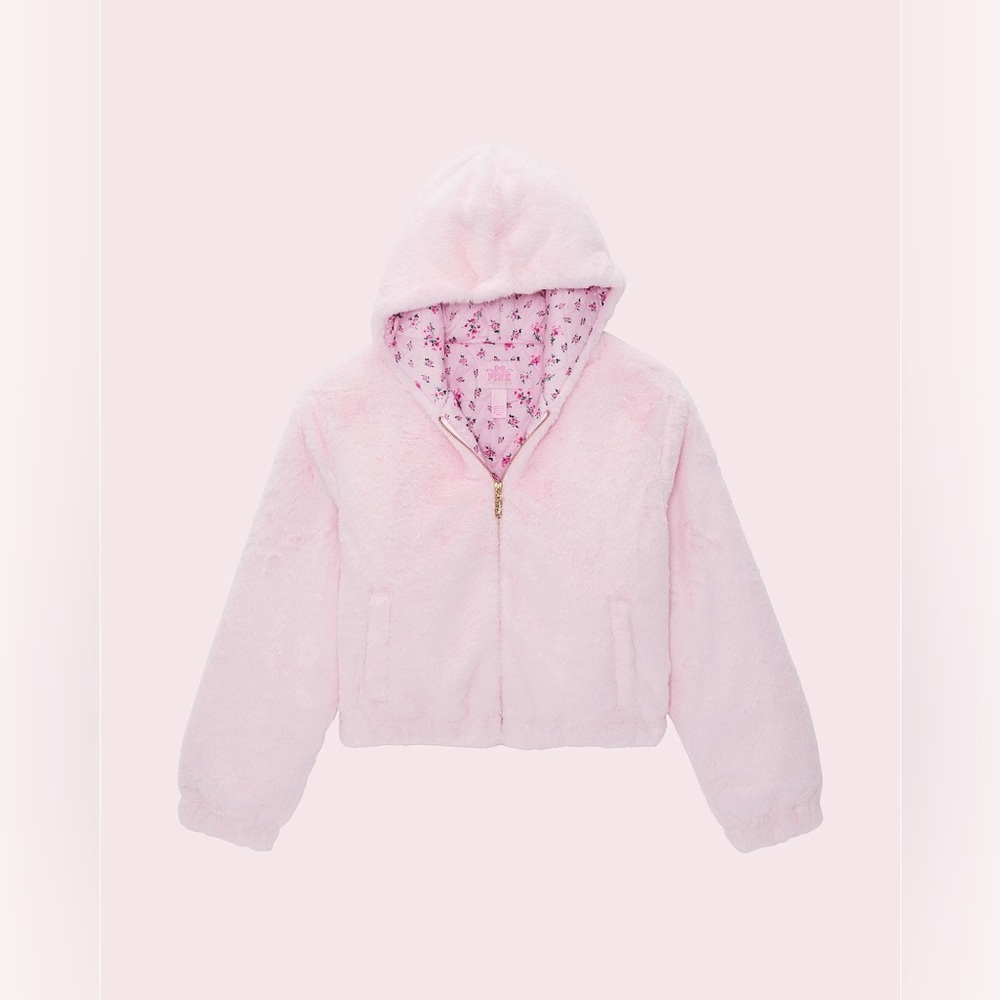 PINK X LoveShackFancy Faux Fur Cropped Bomber Jacket Large Pink Tulip NWT